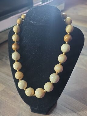 Vintage Wooden Bead Necklace - Light Brown & Golden Accents